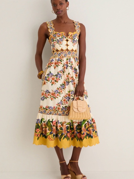 FARM Rio Dresses & Skirts - FARM Rio Cream Floral Midi Dress with Yellow Scallop Trim